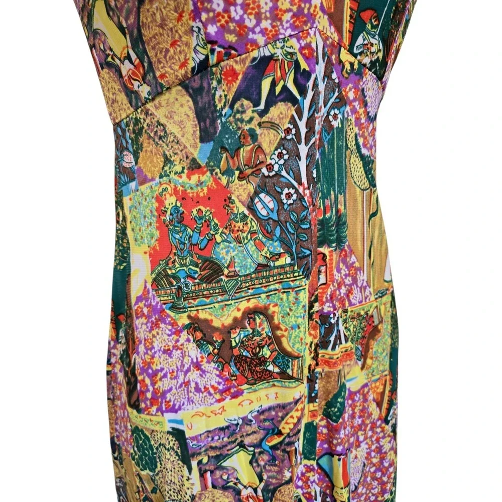 70s Vintage Long Dress Indian Gods Patchwork Print And Matching Shirt Hippie‎